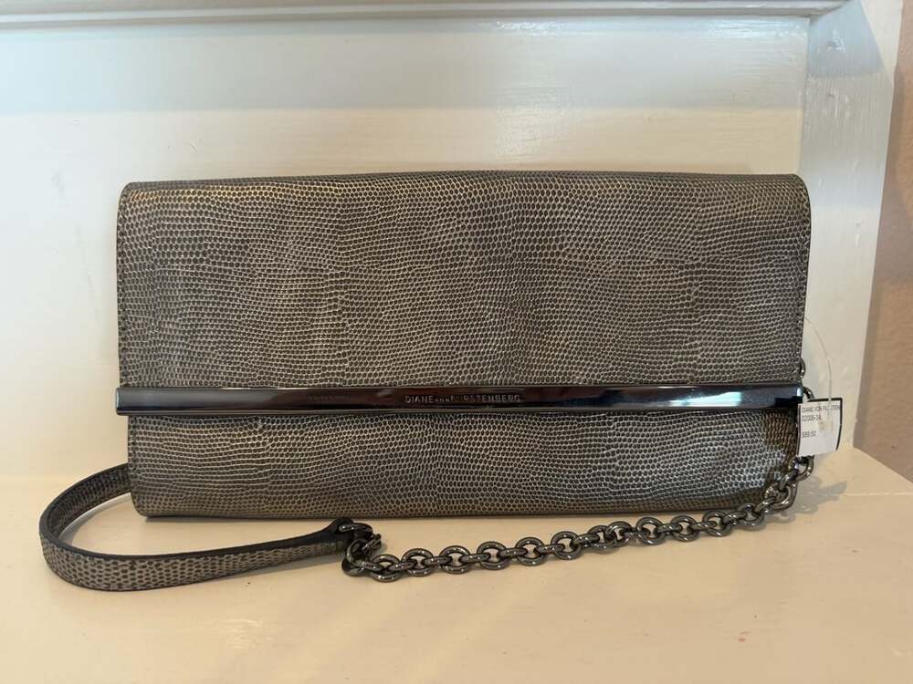 Diane Von Furstenberg Embossed Leather Clutch Silver Chain Strap